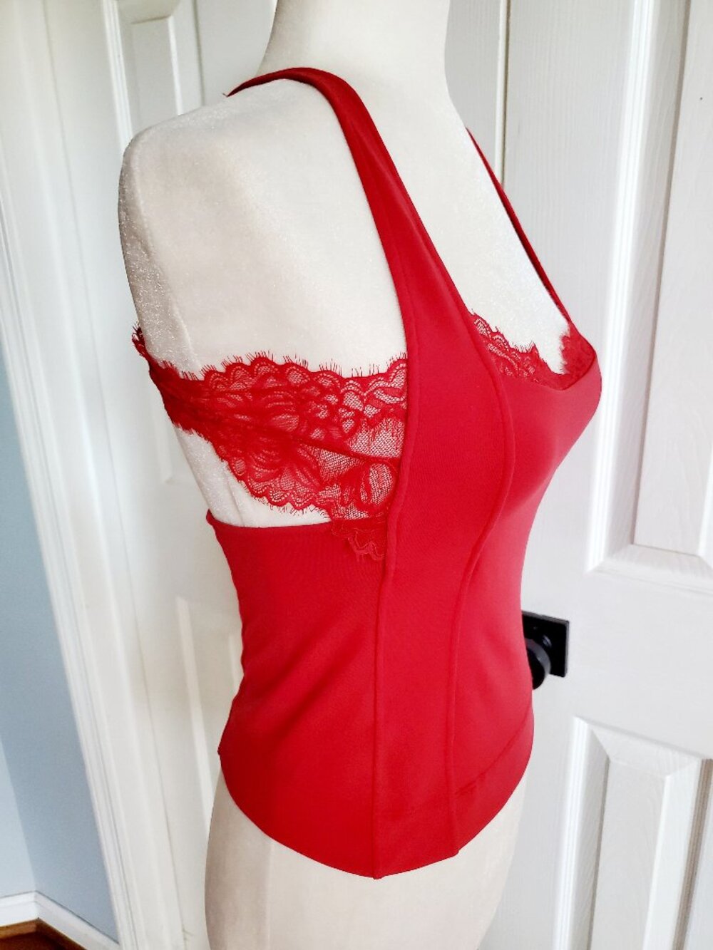 Free People Red Lace Trim Cami Tank Top XS Open Back Y2K Coquette - Picture 4 of 12
